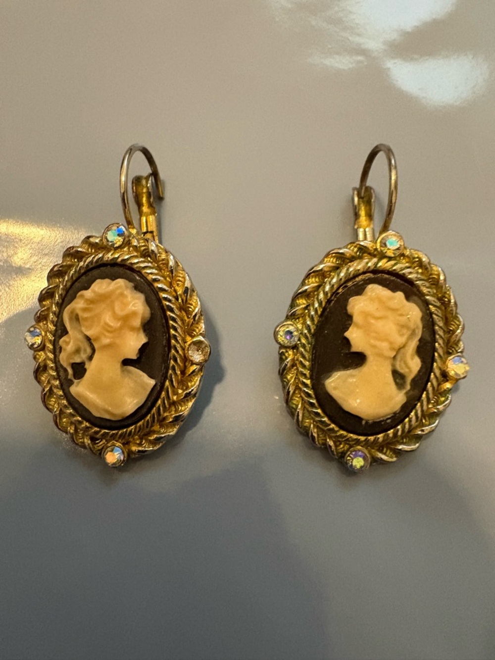 Gold Cameo Drop Earrings with Ivory Profiles